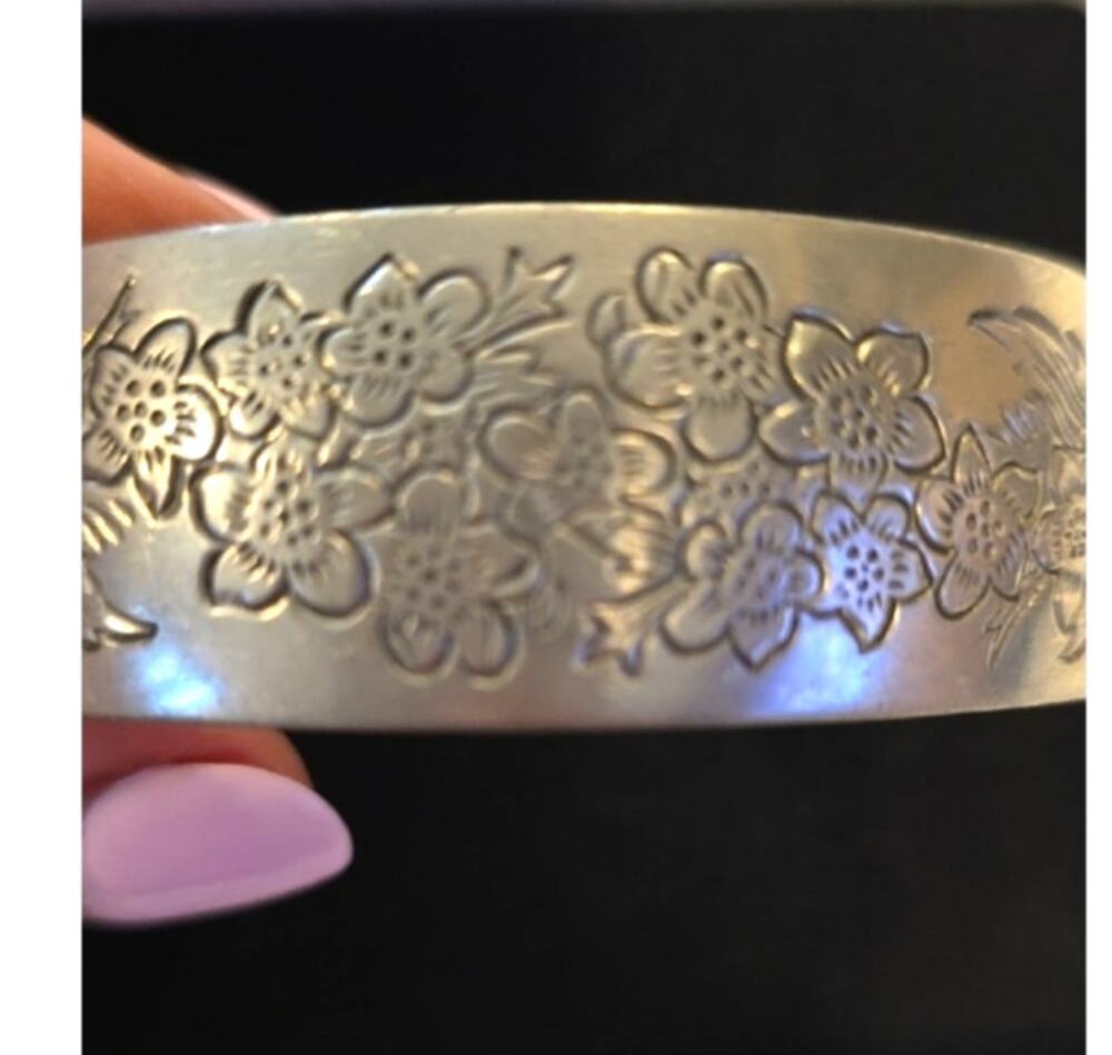 Vintage Signed Kirk Stieff Handmade Larkspur 900-7 Pewter Wide Cuff Bracelet